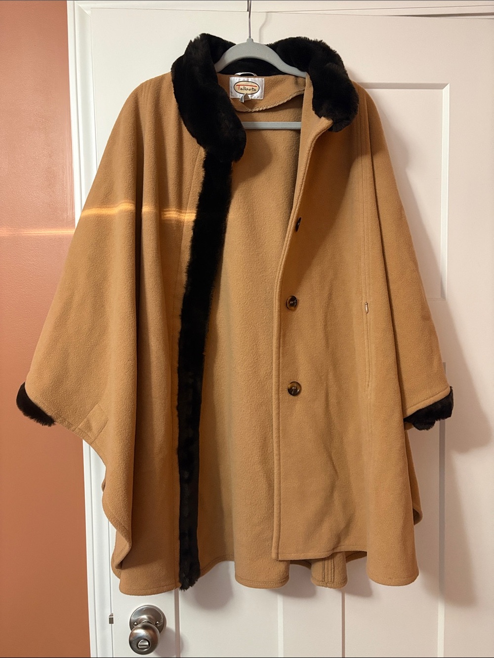 Talbots camel-colored cape coat with dark faux fur trim